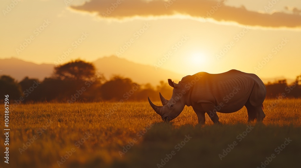 Fototapeta premium The white rhinoceros enjoys a peaceful meal in the grassy savannah, illuminated by the warm, golden hues of sunset, with trees and mountains enhancing the backdrop