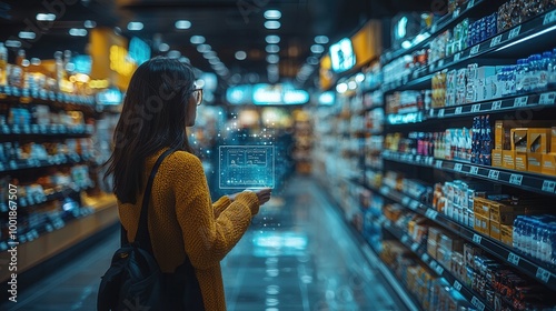 Woman using digital device in modern retail store