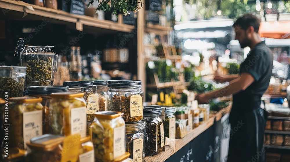 Obraz premium Cozy Market Scene with Jars of Spices and Herbs