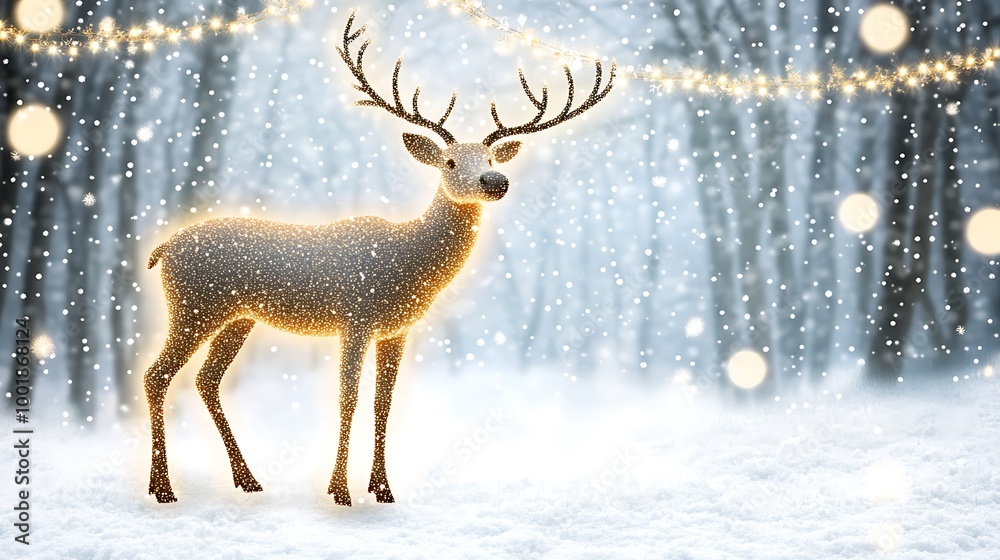 Festive reindeer adorned with twinkling string lights stands against a snowy backdrop, creating a magical winter wonderland scene. Festive reindeer adorned with twinkling string lights stands against a snowy backdrop, creating a magical winter wonderland scene.