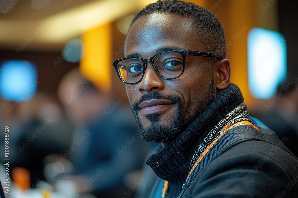 Confident Smiling Man in Modern Business Setting Confident Smiling Man in Modern Business Setting