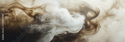 Abstract swirling patterns of coffee-toned smoke create an enchanting visual experience in a tranquil setting. Generative AI