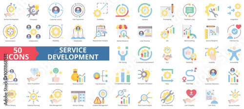 Service development icon collection set. Containing innovation, customer centric, user experience, scalability, agility, iterative, prototyping icon. Simple flat color illustration.