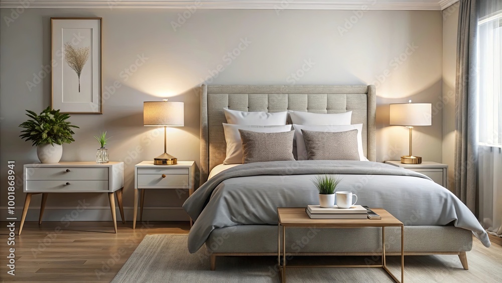 Fototapeta premium A cozy bedroom with a plush bed, two bedside tables with lamps, and a decorative plant, inviting relaxation and tranquility.