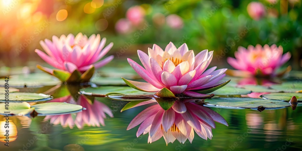 Obraz premium Pink Water Lily Blossom Reflecting in a Serene Pond with Lush Green Leaves and Sunlight Filtering Through the Canopy