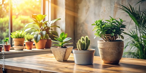 A well-lit wooden table with a variety of potted plants, including a cactus and a leafy green plant in a textured pot, showcasing a serene and natural indoor space