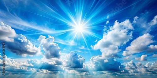 A radiant sun beams down on a backdrop of fluffy white clouds, casting bright rays of light through the cerulean sky