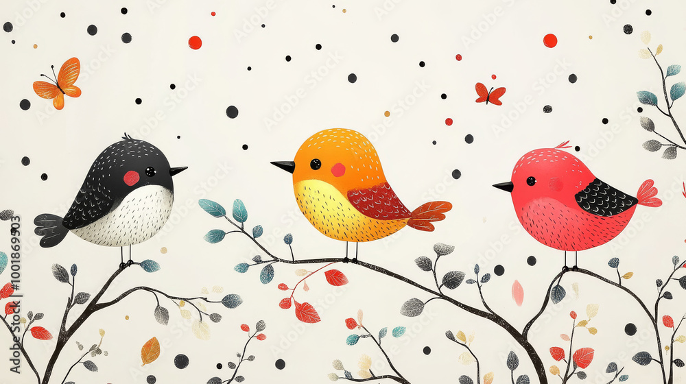 Three cartoon birds perched on branches in a whimsical setting. Three cartoon birds perched on branches in a whimsical setting.