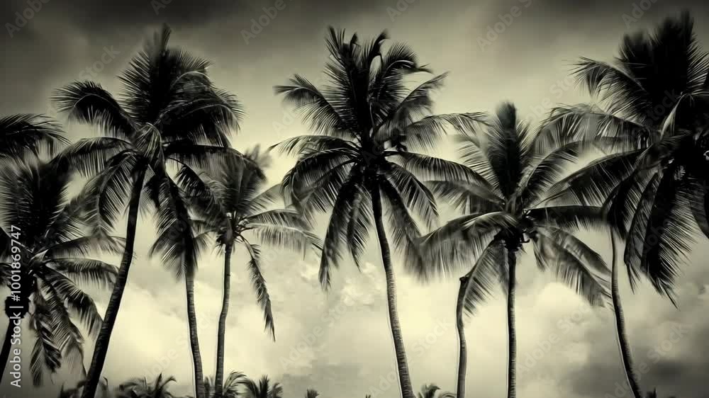 Palm trees sway in the wind on a cloudy day