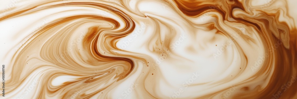 Swirling coffee merges gracefully with milk creating an abstract blend of colors in a warm, inviting setting. Generative AI