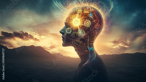 A surreal image of a figure gazing up at a glowing, ethereal portal in the sky, symbolizing the opening of the akashic records and access to ancient wisdom and knowledge. photo