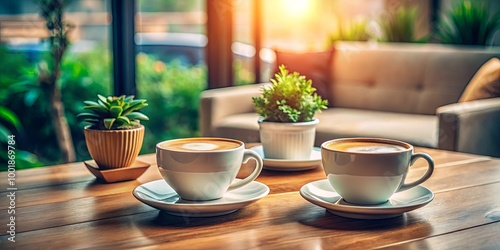 Wallpaper Mural Two steaming cups of coffee on a wooden table with green plants in the background, bathed in the warm glow of the sun. Torontodigital.ca