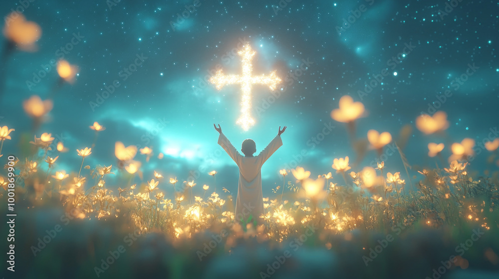 A person stands in a field of flowers with arms raised towards a glowing cross in the night sky. A person stands in a field of flowers with arms raised towards a glowing cross in the night sky.