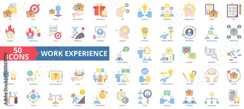 Work experience icon collection set. Containing job, career, position, responsibility, achievement, skill, teamwork icon. Simple flat color illustration.
