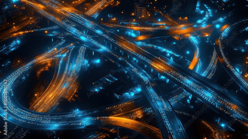 Aerial Night View of Sprawling Highway Interchange Aerial Night View of Sprawling Highway Interchange