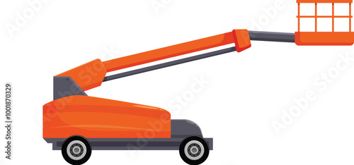 Orange telescopic boom lift with lowered extended platform, industrial equipment for lifting people and tools to height