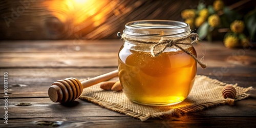 A Glass Jar Filled With Golden Honey, Tied With Twine, Resting On Rustic Burlap And Wooden Planks