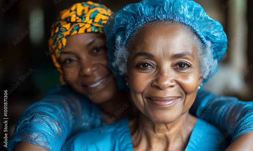 Happy senior black woman in a nursing home. Smiling old african american female pensioner being cared for by a nurse in a hospice for elderly Happy senior black woman in a nursing home. Smiling old african american female pensioner being cared for by a nurse in a hospice for elderly