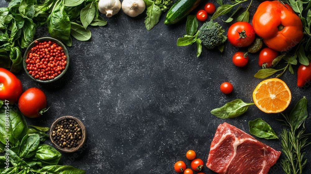 Fresh vegetables and spices on a dark textured surface Fresh vegetables and spices on a dark textured surface