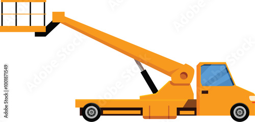 Yellow aerial work platform truck extending crane arm with blue sky in background