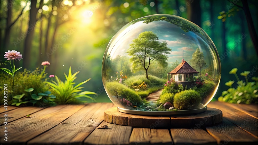 A Miniature World Enclosed Within a Glass Sphere, Capturing a Serene Garden with a Small House, a Tree, and a Winding Path, Situated on a Wooden Surface Against a Blurred Forest Background. A Miniature World Enclosed Within a Glass Sphere, Capturing a Serene Garden with a Small House, a Tree, and a Winding Path, Situated on a Wooden Surface Against a Blurred Forest Background.
