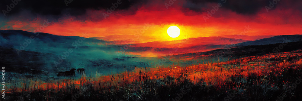 A fiery sunset over rolling hills, casting long shadows across the landscape. A fiery sunset over rolling hills, casting long shadows across the landscape.