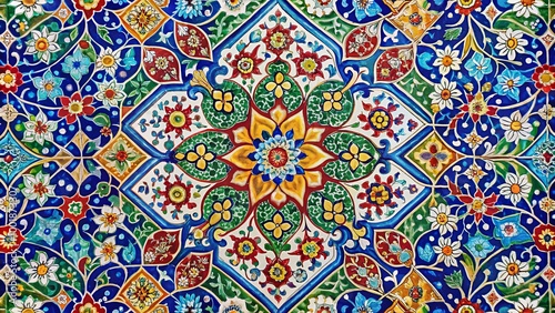 A vibrant mosaic tile with intricate floral patterns in hues of blue, green, red, yellow, and white, showcasing the artistry of traditional craftsmanship.