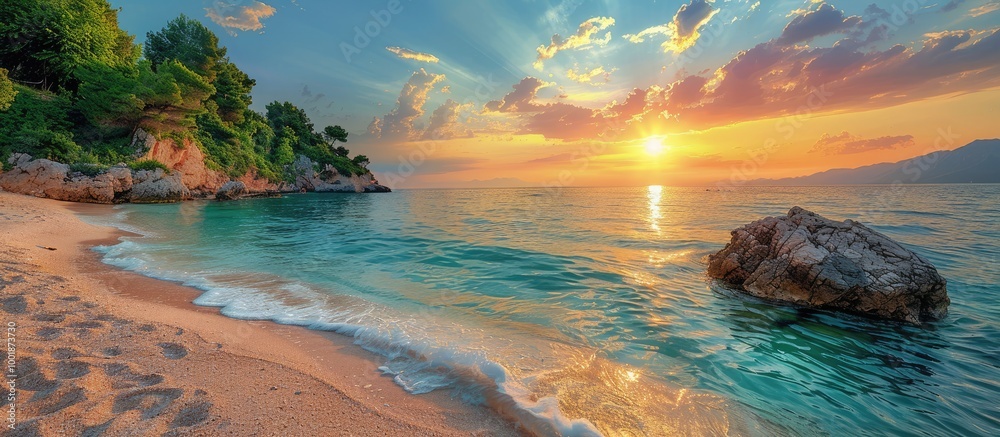 Obraz premium Sunset over a Tranquil Beach with Golden Hues