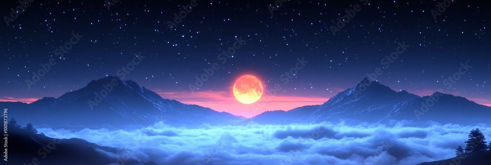 Fototapeta premium A fiery red moon rises over snow-capped mountains, casting a glow on the clouds below.
