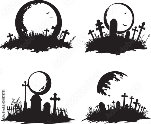 Silhouette of a graveyard with a full moon