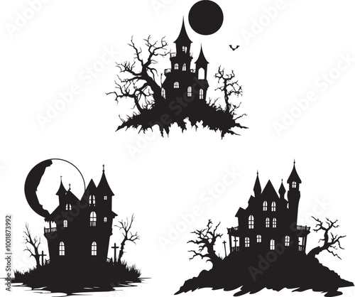 Vector Silhouette of a haunted house with a full moon, halloween background with castle