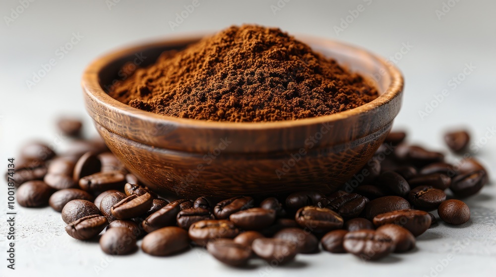 Coffee Beans and Ground Coffee in a Wooden Bowl