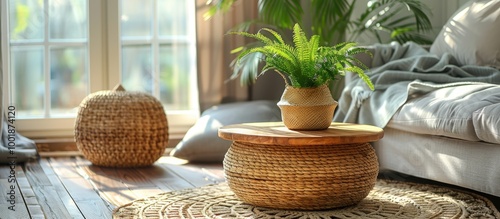 Living Room Interior With Wicker Furniture And Greenery