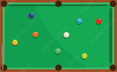 Top view of a pool table with colorful balls spread on the green baize, ready for a game