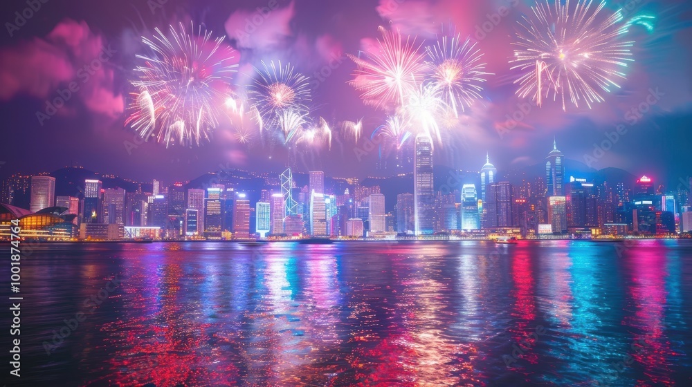 Fototapeta premium Spectacular Fireworks Over City Skyline at Night