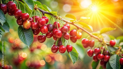 A cluster of ripe cherries hang from a branch on a cherry tree, bathed in the warm glow of the setting sun, with the light creating a soft, out of focus background.