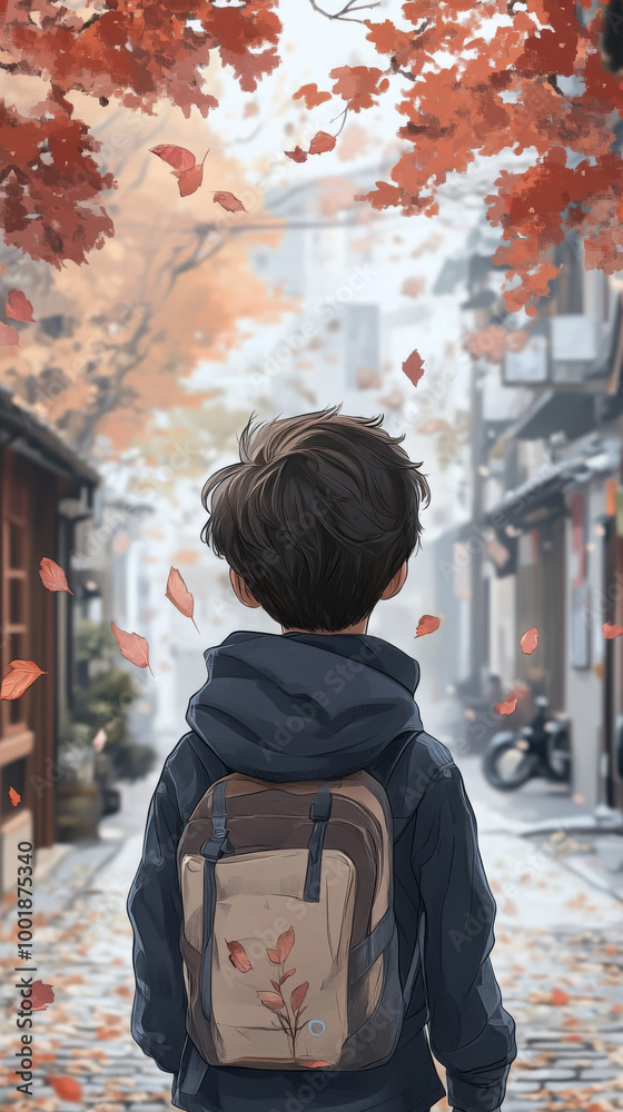 Obraz premium Young boy walking through a street in autumn