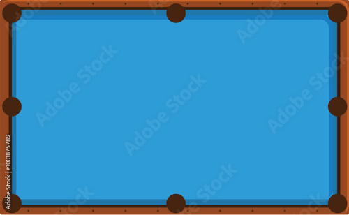 Classic empty pool table with blue cloth and brown wooden frame, inviting players for a game
