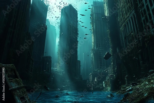 A flooded city with tall buildings submerged underwater. Fish swim through the cityscape, a haunting reminder of a lost civilization.