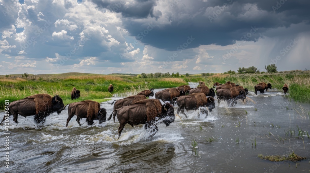 Bison Herd Crossing River Under Cloudy Sky Bison Herd Crossing River Under Cloudy Sky