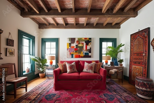 Cozy Love Seat in Lively Room with Exposed Wood Beam Ceiling and Eclectic Bohemian Design