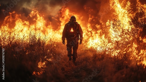 Firefighter battling a wildfire in dense vegetation during evening hours under a dramatic sky filled with smoke and flames