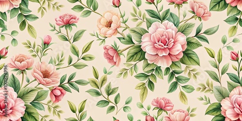 Wallpaper Mural A seamless floral pattern featuring a delicate arrangement of pink blossoms and lush green leaves on a soft beige background Torontodigital.ca