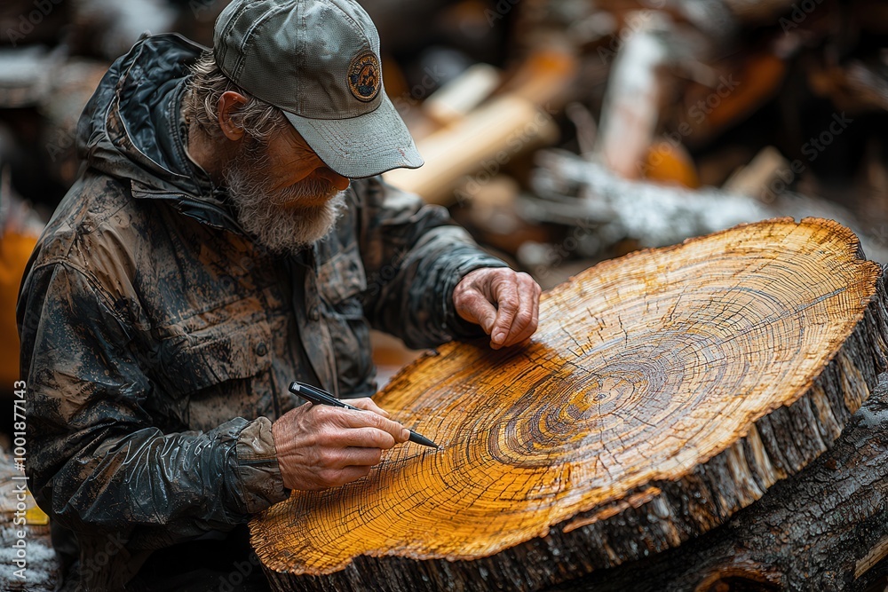 Woodworker Examines Tree Rings in Woodland Setting Woodworker Examines Tree Rings in Woodland Setting