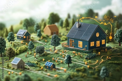 Eco-Friendly Smart Village with Blue Houses and Solar Panels in Green Landscape photo