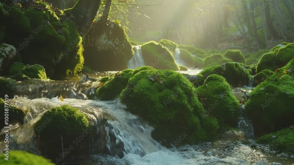 Fototapeta premium Tranquil Stream with Mossy Rocks in Mountain Forest