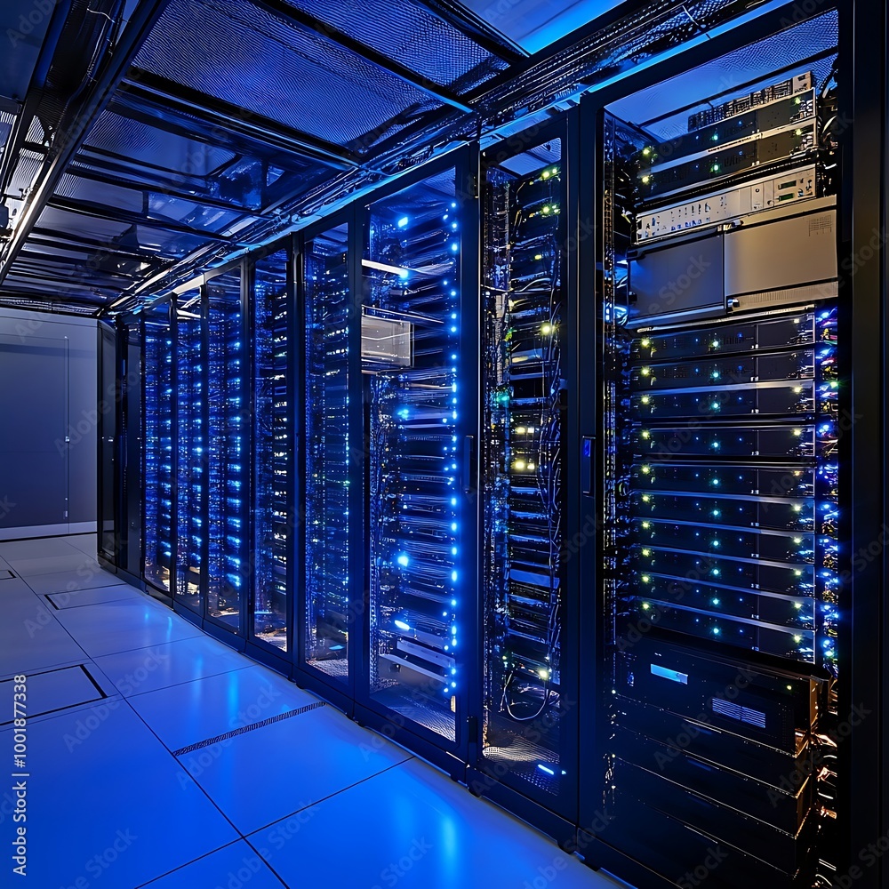 State-of-the-art data center with glowing server racks creating a vibrant atmospher State-of-the-art data center with glowing server racks creating a vibrant atmospher