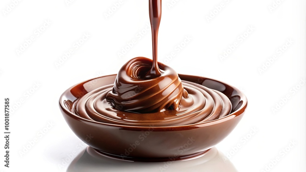 A bowl of rich, melted chocolate with a swirl of liquid chocolate pouring on top, creating a decadent and delicious visual A bowl of rich, melted chocolate with a swirl of liquid chocolate pouring on top, creating a decadent and delicious visual