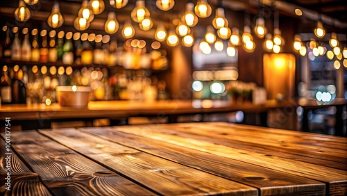 Warm Wooden Table in a Rustic Bar with a Blurred Background of Hanging Lights and a Bar Counter