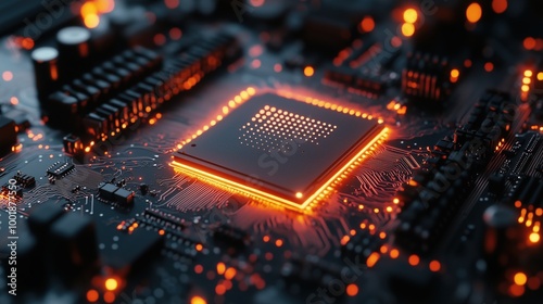 Dynamic Close-up of Futuristic Translucent Processor Connecting with Socket and Motherboard. Next Generation Microchip Activating and Powering System. High Performance GPU Chip